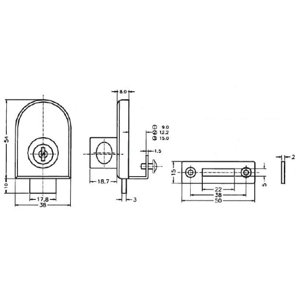 Vitrineskabsls "Fulla" til 8mm Glas - Messing Look