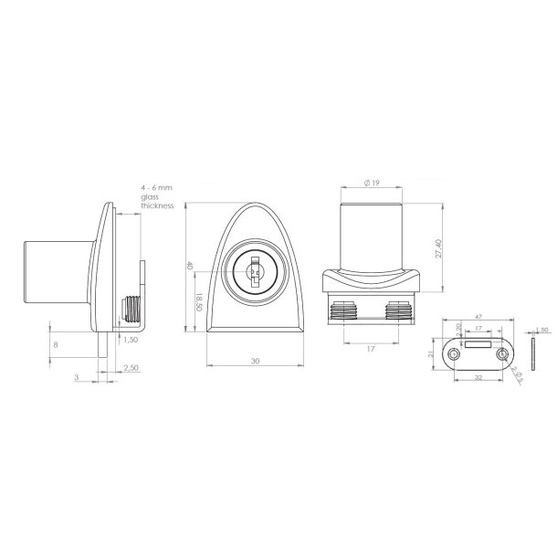 Vitrineskabsls "Vr" til 4-6mm Glas - Sort