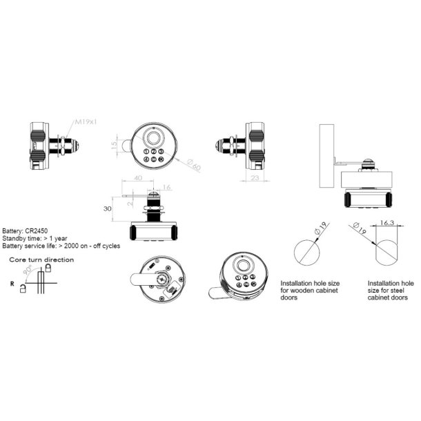 Elektronisk Fingeraftryksl�s "Phil" �19x30mm-Hvid-Privat/Off