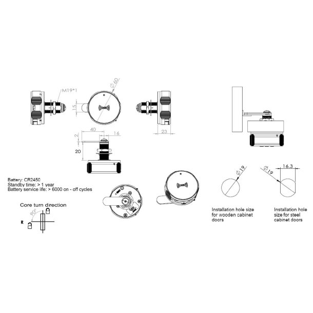 Elektronisk Skabsl�s "Phil" �19x20mm-Hvid-Mifare1/DESfire