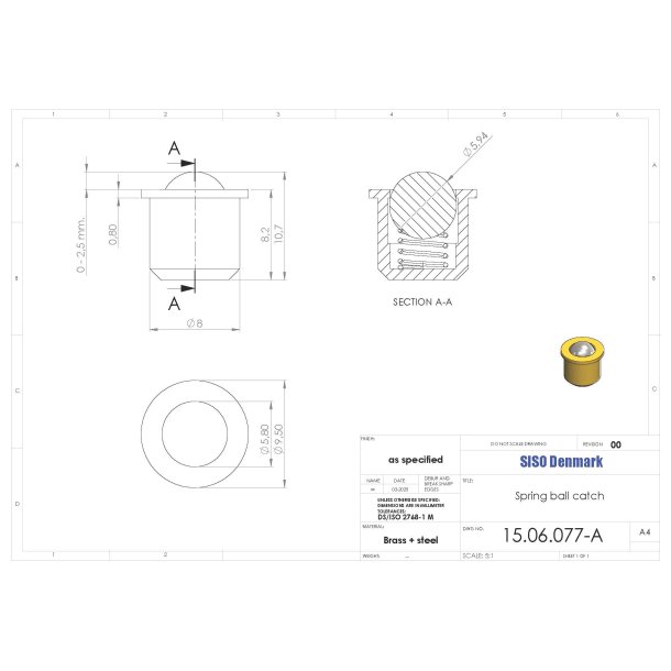 Kuglesnapls 8x8mm med Fjeder - Messing