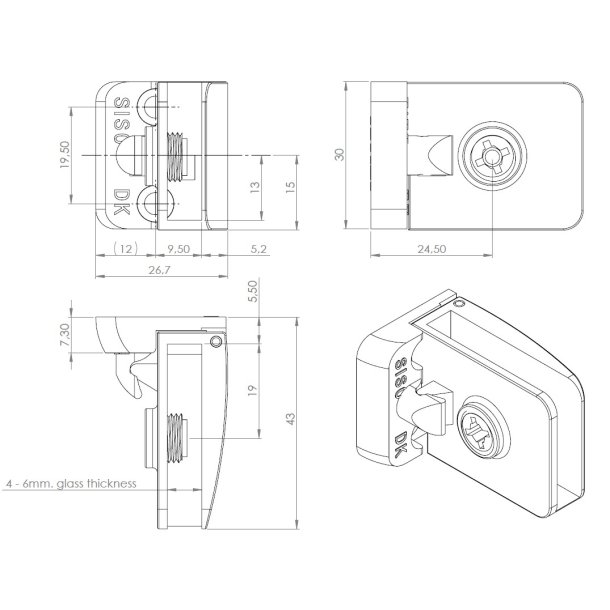 Vitrinehngsel St 4-6mm Glas, Smal Mont. Plade - Alu Look