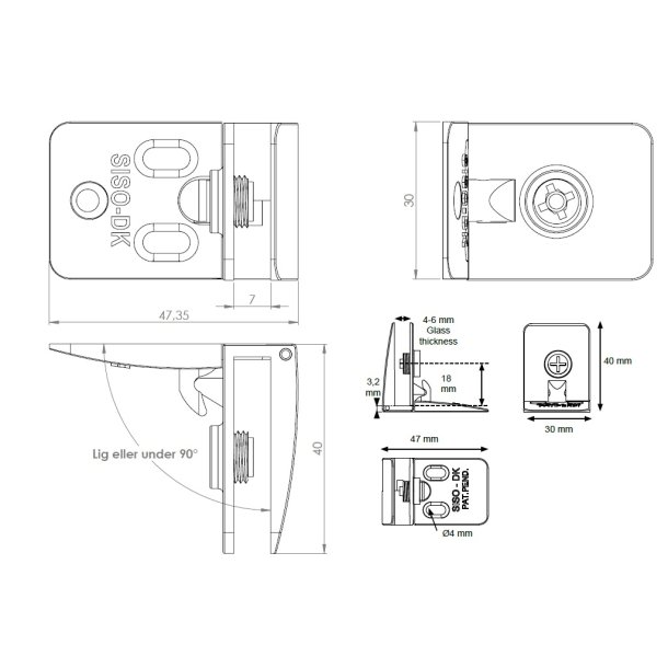 Vitrinehngsel Hjre 4-6mm Glas, Smal Mont.Plade- Bronzeret