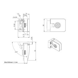 Vitrinehngsel Venstre 4-6mm Glas, Smal Mont.Plade- Sort