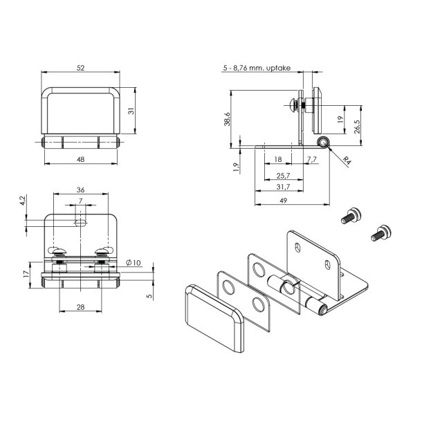 Skabshngsel t/Glas (C) 5-8,76mm Glas- Rustfri Stl