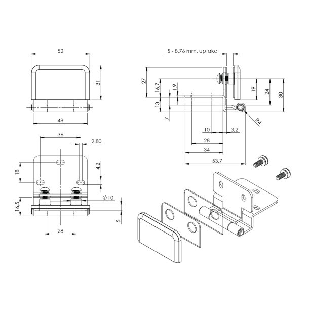 Skabshngsel t/Glas (B) 5-8,76mm Glas- Rustfri Stl