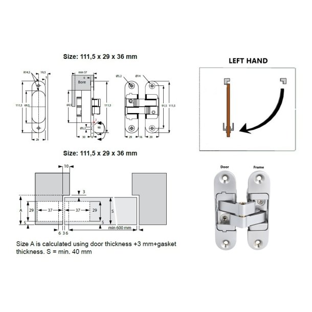 Skjult Drhngsel 3D Venstre - 180 bning - Mat Forniklet