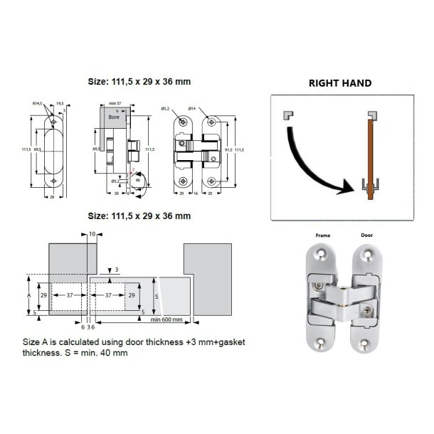 Skjult Drhngsel 3D Hjre - 180 bning - Mat Forniklet