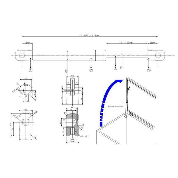 Gasfjeder 413/162mm 16Kg - Stl