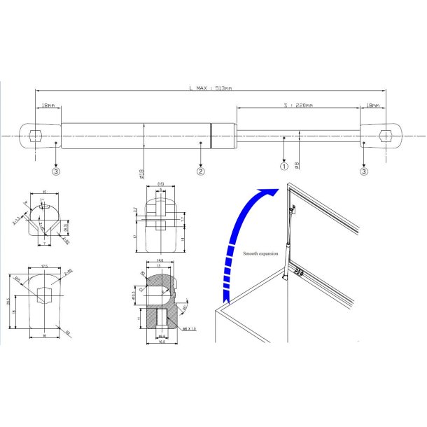 Gasfjeder 513/220mm 20Kg - Stl
