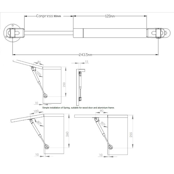 Gasdmper 243mm (Ned) - 80N - Inkl. Beslag