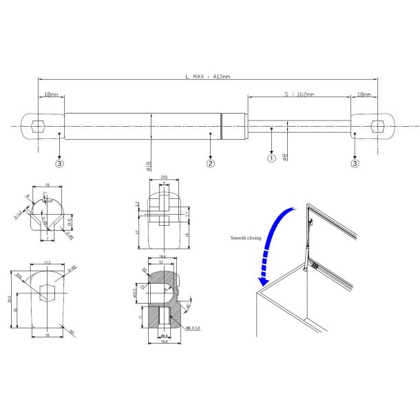 Gasfjeder 413/162mm 14Kg - Stl