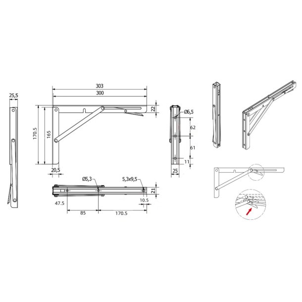 Klapbordsbeslag/Klaphyldekngt 30 cm - Rustfri Stl