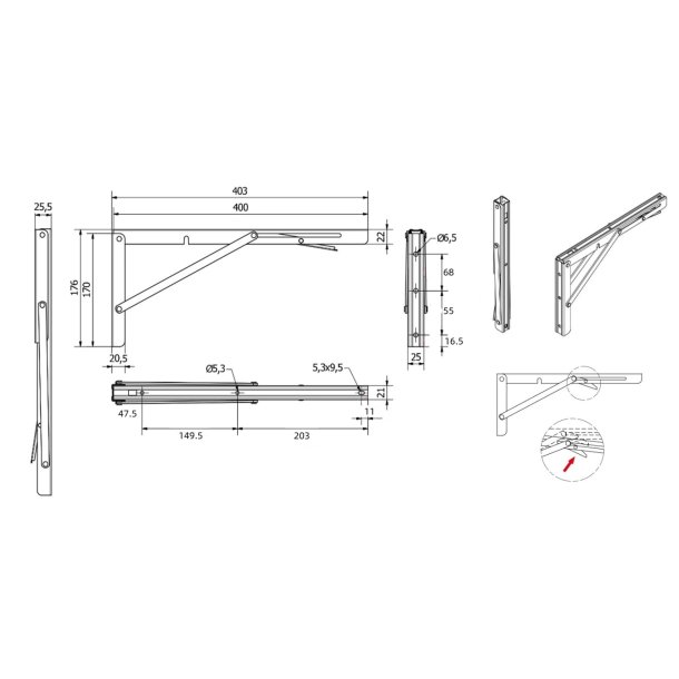 Klapbordsbeslag/Klaphyldekngt 40 cm - Sort