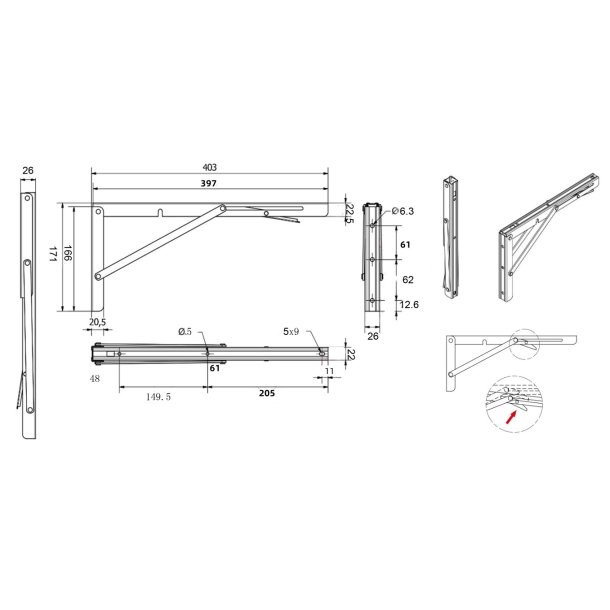Klapbordsbeslag/Klaphyldekngt 40 cm - Rustfri Stl