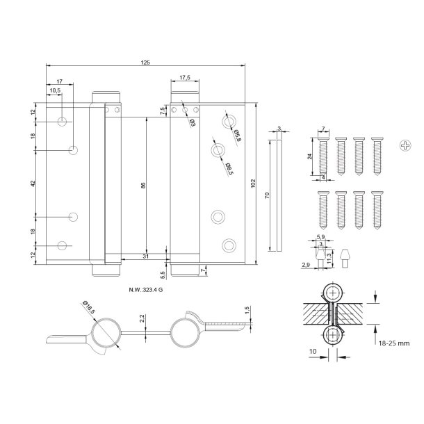 Svingdrshngsel - Dobbeltvirkende - Rustfri Stl - 102mm
