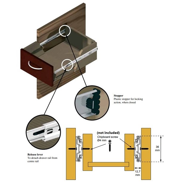 Skuffeskinne 36x300mm - Fuldudtrk - Elforzinket