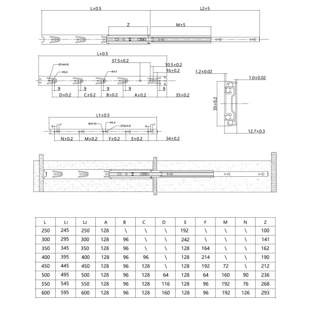 Skuffeskinne 36x500mm - Fuldudtrk - Elforzinket