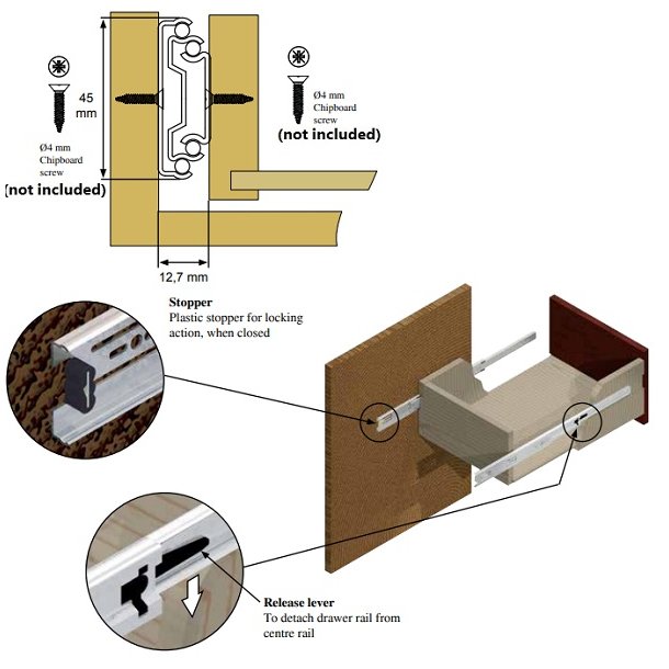 Skuffeskinne 45x450mm - Fuldudtrk - Elforzinket