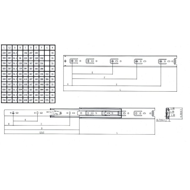 Skuffeskinne 45x400mm - Fuldudtrk - Elforzinket