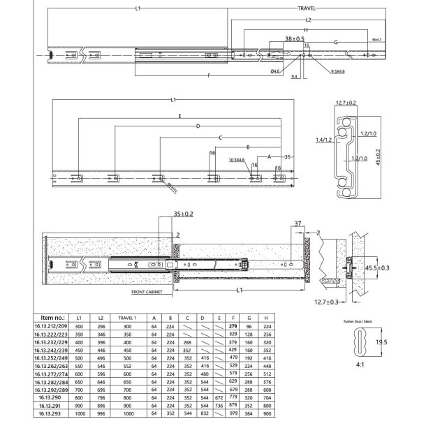 Skuffeskinne 45x350mm - Fuldudtrk - Sort