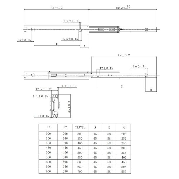 Skuffeskinne ME45x500mm - Fuldudtrk - Elforzinket