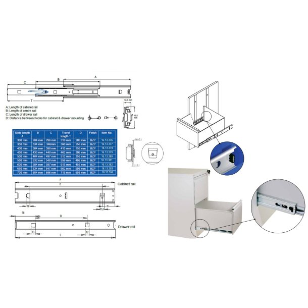 Skuffeskinne ME49,5x500mm - Fuldudtrk - Elforzinket
