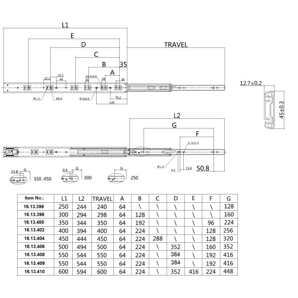 Skuffeskinne 45x350mm - 325mm Udtrk - Push To Open