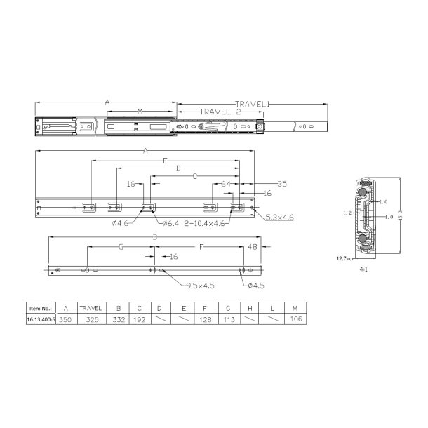 Skuffeskinne "Motion P" 45x350mm - 325mm Ud. - Push To Open