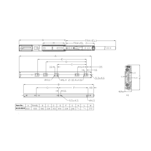 Skuffeskinne "Motion P" 45x600mm - Fuldudtr�k - Push To Open