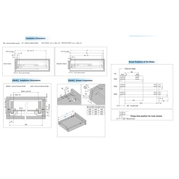 Skuffeskinne 500mm - Semi Fuldudtrk -Push To Open