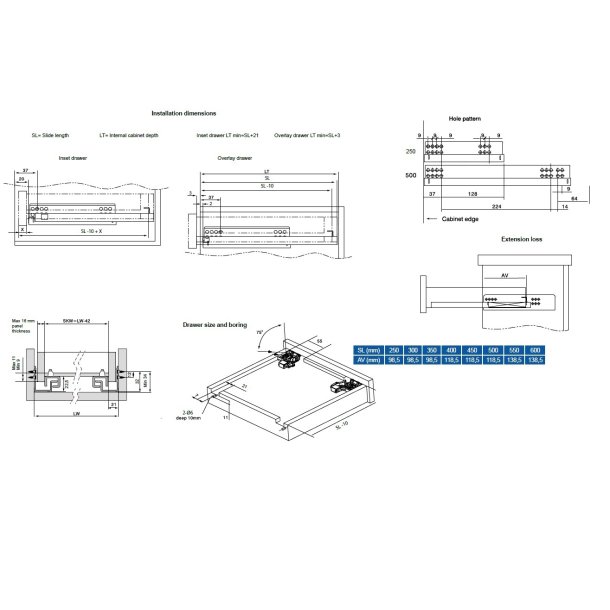 Skuffeskinne 500mm - Semi Fuldudtrk -Push To Open