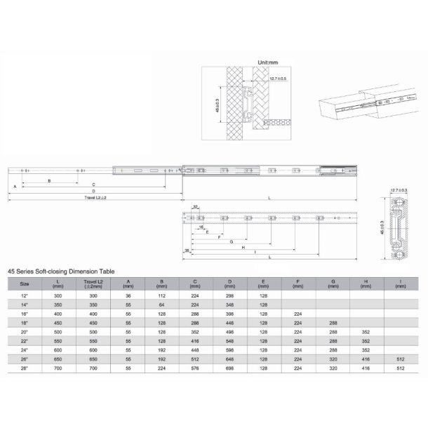 Skuffeskinne 45x350mm - Fuldudtrk - Selv Luk & Softclose