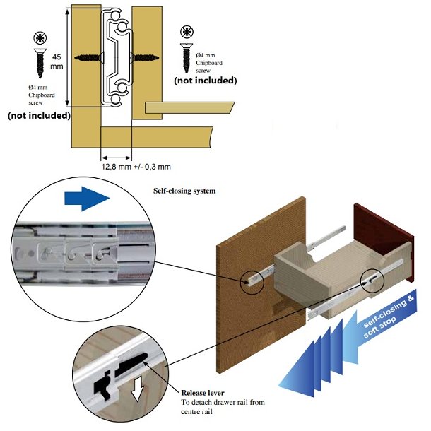 Skuffeskinne 45x350mm - Fuldudtrk - Selv Luk & Softclose