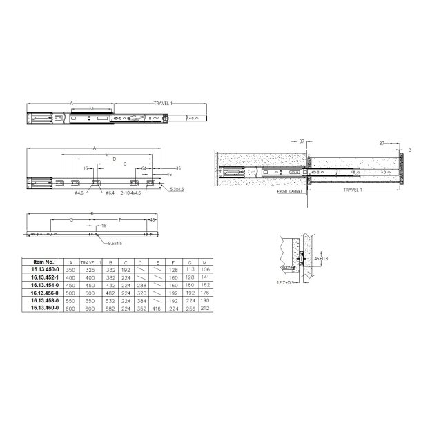 Skuffeskinne 45x500mm - Fuldudtrk - Selv Luk & Softclose