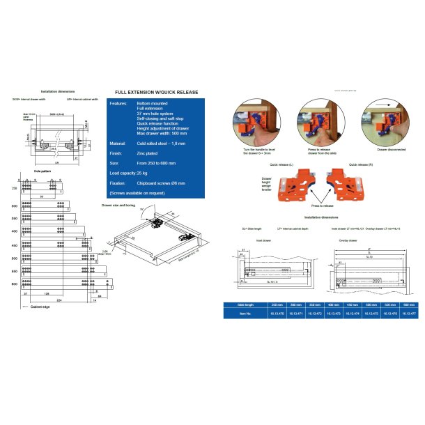 Skuffeskinne 300mm - Fuldudtrk - Selv Luk & Softclose