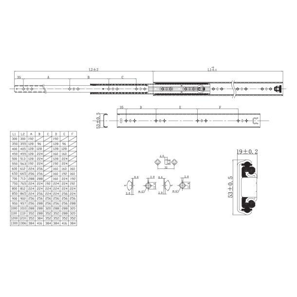 Skuffeskinne 53x900mm - Fuldudtrk - Heavy Duty