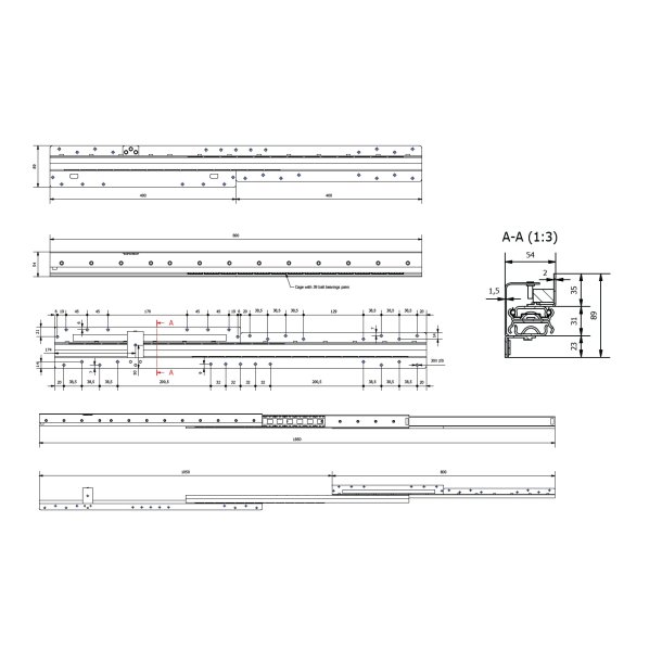 Skuffeskinner til Bundmontering 800mm - Softclose