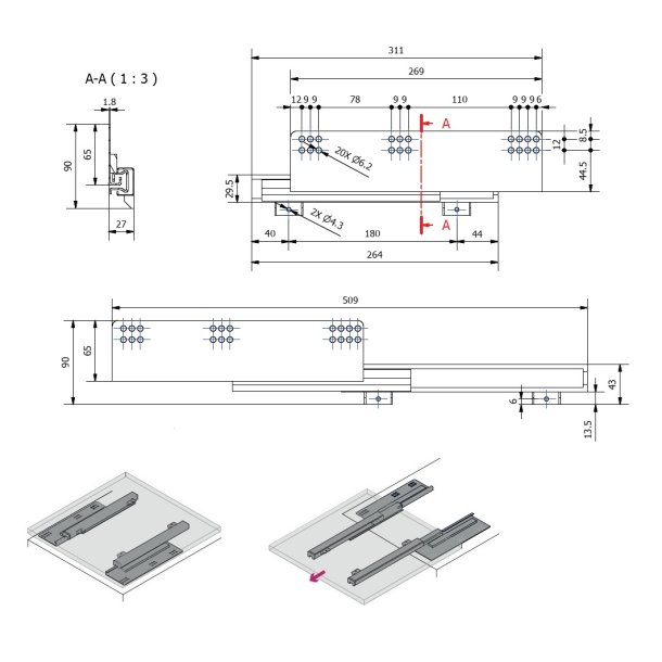 Skuffeskinner til Bundmontering 27x311mm - Softclose