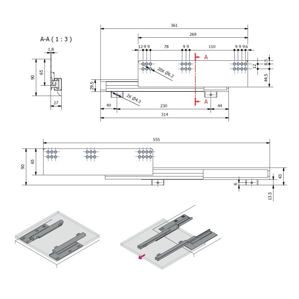 Skuffeskinner til Bundmontering 27x361mm - Softclose