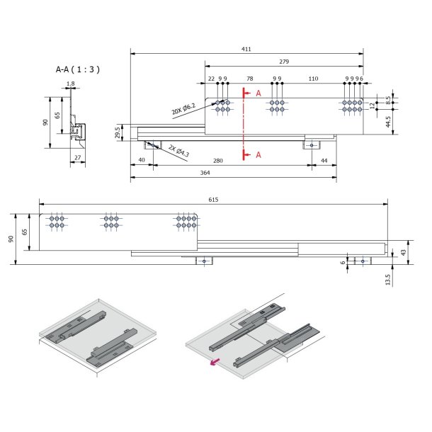 Skuffeskinner til Bundmontering 27x411mm - Softclose