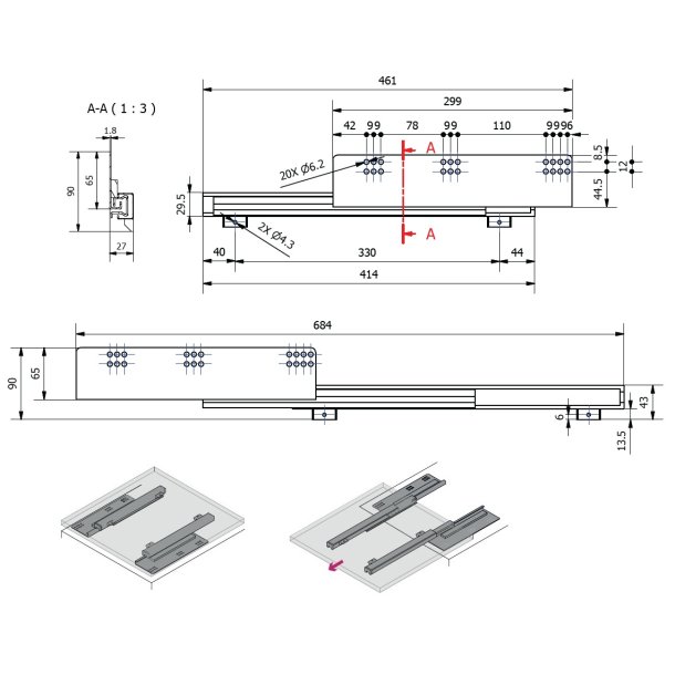 Skuffeskinner til Bundmontering 27x461mm - Softclose