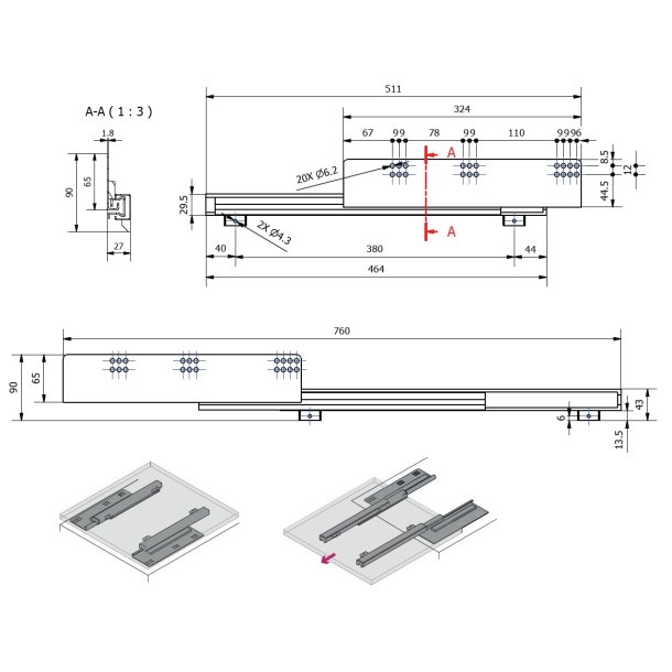 Skuffeskinner til Bundmontering 27x511mm - Softclose