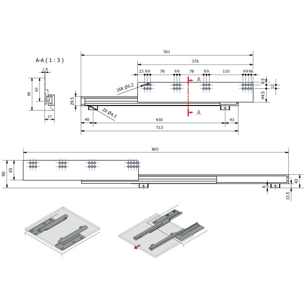 Skuffeskinner til Bundmontering 27x561mm - Softclose