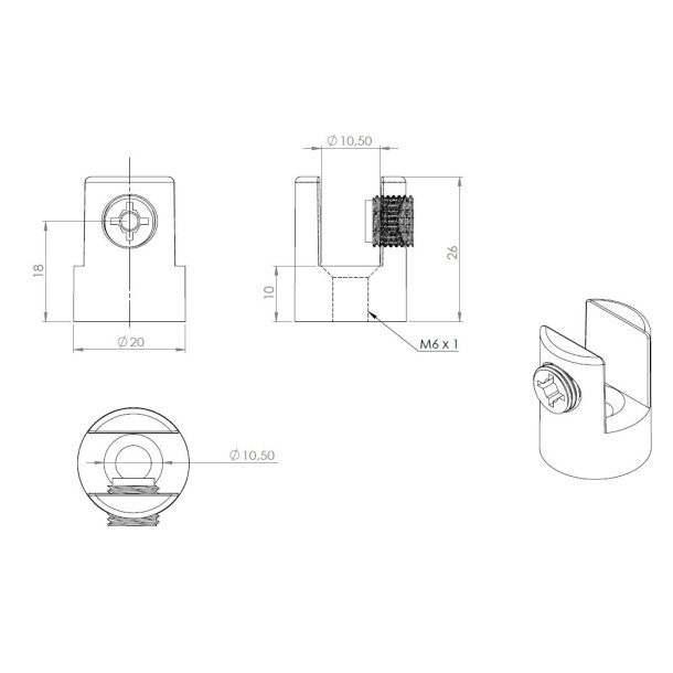 Glashyldeholder 6-10mm Glastykkelse - Mat Finish