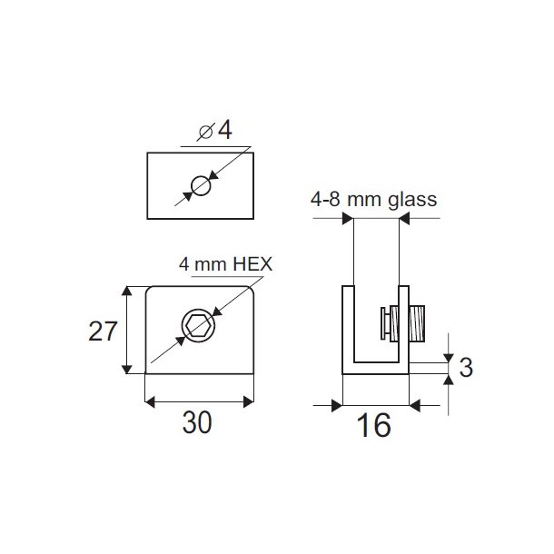 Glashyldeholder 4-8mm Glastykkelse - Messing Finish