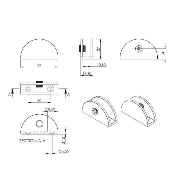 Glashyldeholder 4-8mm Glastykkelse - Aluminium Finish