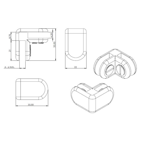Glassamlebeslag 90 - 2 Sider - Krom -  t/4-6mm Glas