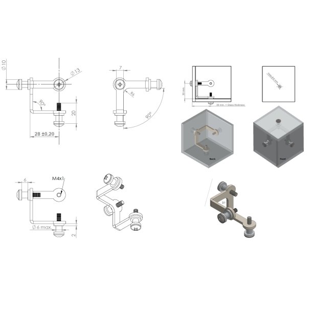 Glassamlebeslag "Klo" 3 Sider  - Forniklet