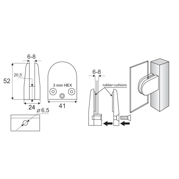 Glasklemme "M" til 6-8mm Glas/Akryl - Forkromet